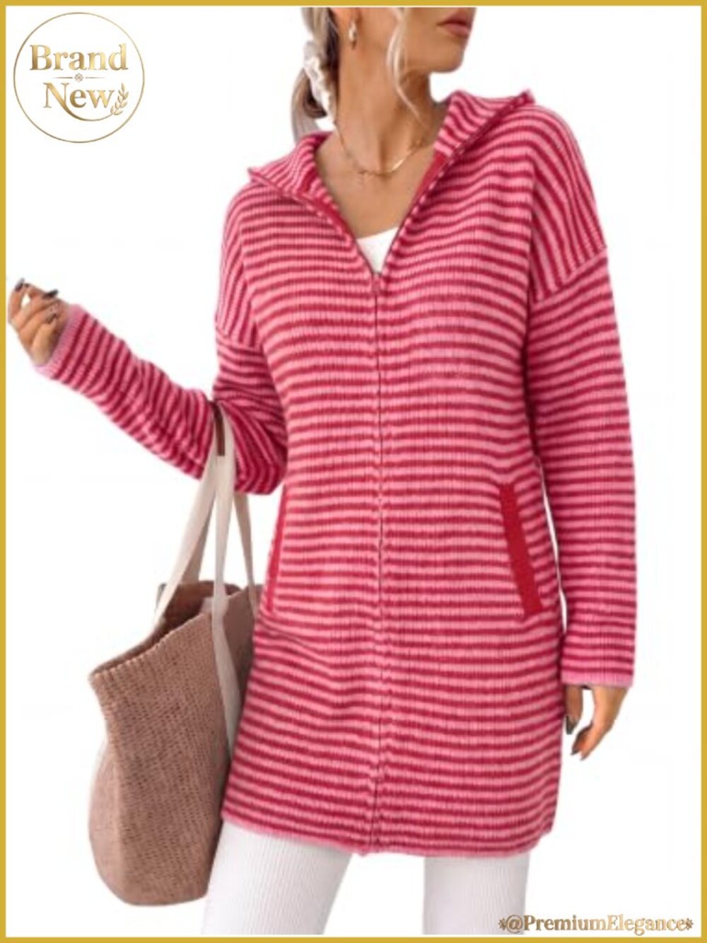 Wenrine Womens Striped Long Cardigan Mock Neck Knit Zip Up Sweater Dress